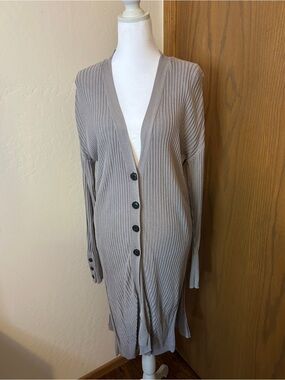 John + Jenn Ribbed Longline Cardigan Grey Button Front Duster Sweater Size Small